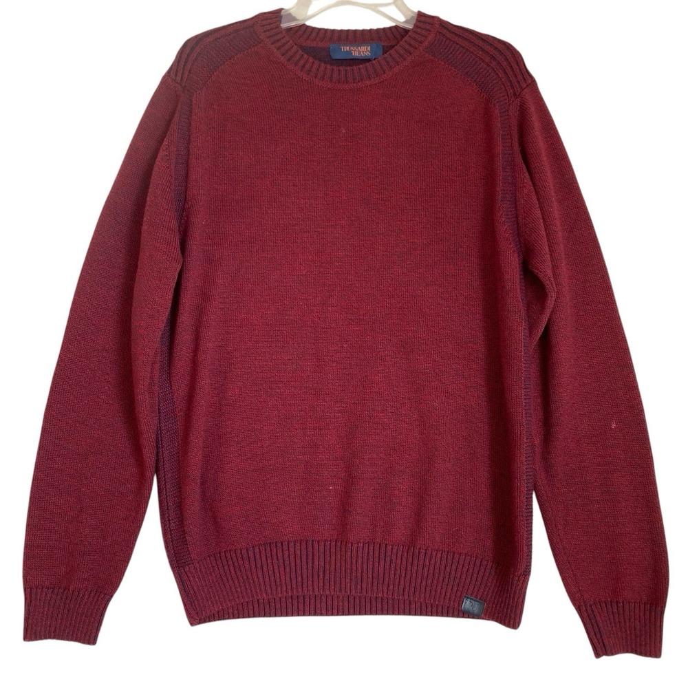 Trussardi Jeans Men Sweater Knit Pullover L Burgundy Crewneck Merino Wool